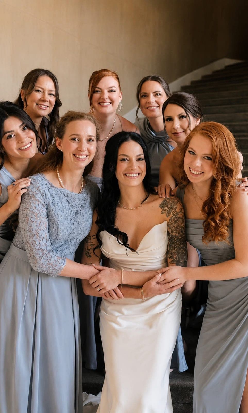 Novia protagonista rodeada por sus damas e invitadas, todas preparadas por el equipo